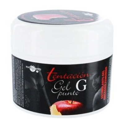 Frasco de gel tentación Gel punto G com rótulo preto e maçã vermelha