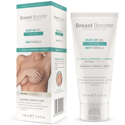 Embalagem e tubo do gel Breast Booster para busto, branco com detalhes verdes.