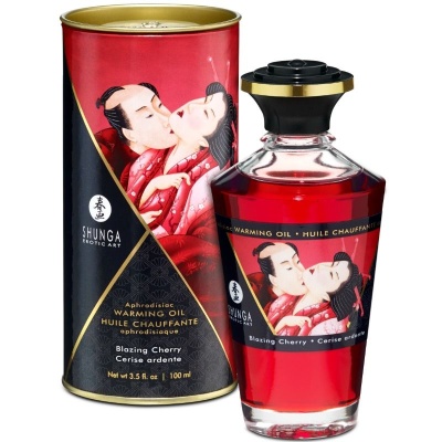 Óleo aquecedor vermelho Blazing Cherry da Shunga com embalagem em lata ilustrada