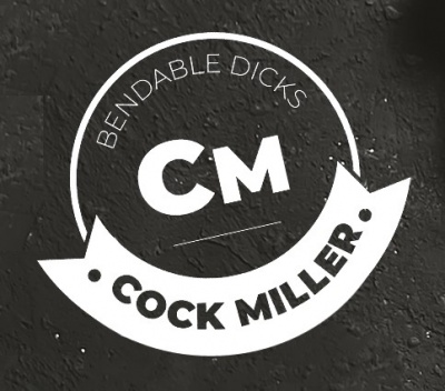 Selo circular preto com texto branco Bendable Dicks CM Cock Miller