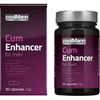 Suplemento alimentar Cum Enhancer for men da coolMann em embalagem e frasco roxos com texto branco e rosa