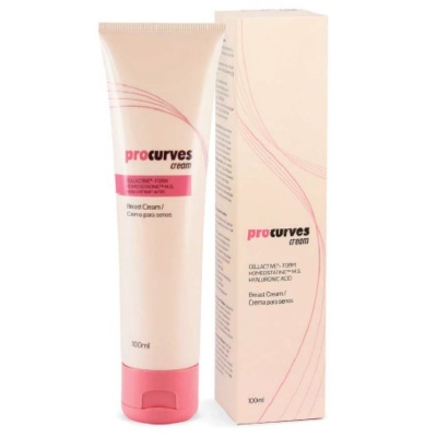 Creme para seios Procurves com embalagem e caixa cor creme e rosa