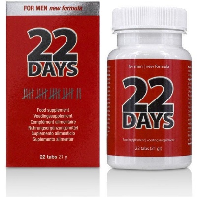 Embalagem vermelha e frasco branco de suplemento 22 DAYS para homens
