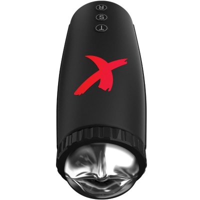 Dispositivo preto com logotipo vermelho X e letras T, S, R em círculos