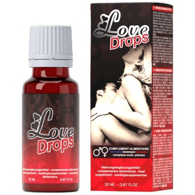 frasco e caixa vermelhos do suplemento Love Drops com imagem de casal e texto multilíngue