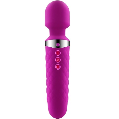 Vibrador de mão rosa em silicone com botões e detalhes prateados