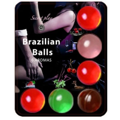 Embalagem com seis bolas coloridas e texto Brazilian Balls 6 AROMAS