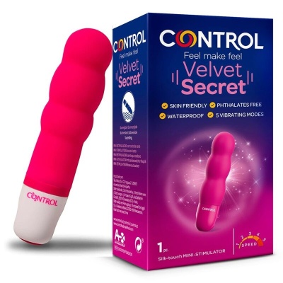 Vibrador mini rosa e branco com embalagem azul e rosa da marca CONTROL Velvet Secret