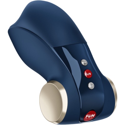 Dispositivo eletrônico azul escuro com botões e detalhes metálicos