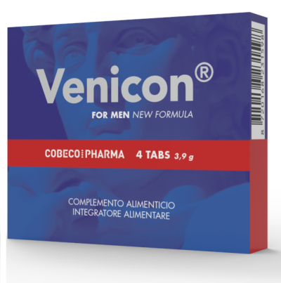 Embalagem azul e vermelha de suplemento Venicon para homens com 4 comprimidos.