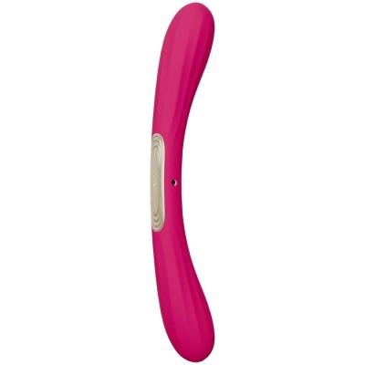 Vibrador curvado rosa com área prateada e botões de controlo