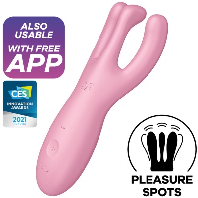 Vibrador rosa anatómico com duas extensões e texto promocional
