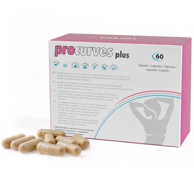 Caixa rosa e branca do suplemento PROCURVES plus com cápsulas à frente