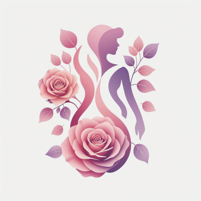Ilustração abstrata de figura feminina com rosas e folhas em tons de rosa e roxo