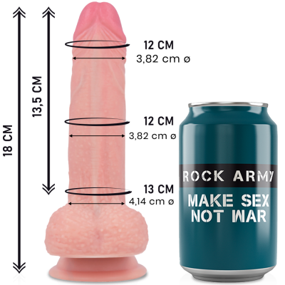 Dildo cor de pele com medidas em centímetros ao lado de uma lata azul com texto 'ROCK ARMY MAKE SEX NOT WAR'