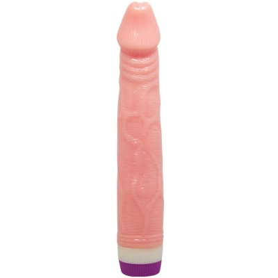 Vibrador cor de pele com textura de veias e base roxa e branca
