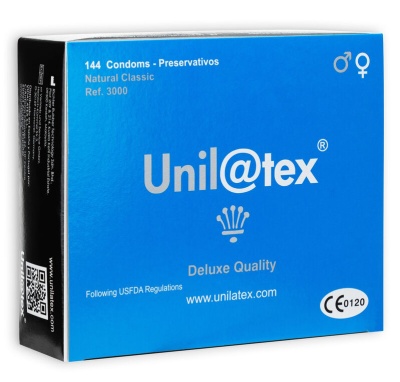 Caixa azul de preservativos Unilatex com texto branco e preto