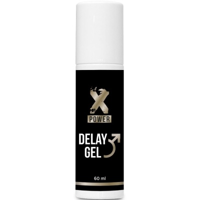 Frasco cilíndrico branco com rótulo preto e texto X POWER DELAY GEL