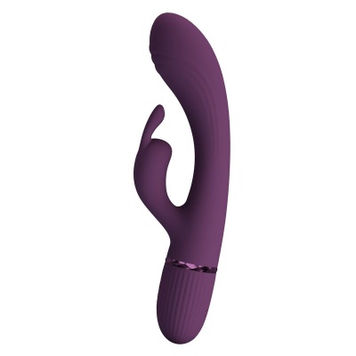 Vibrador roxo em silicone com forma curva e prótese menor