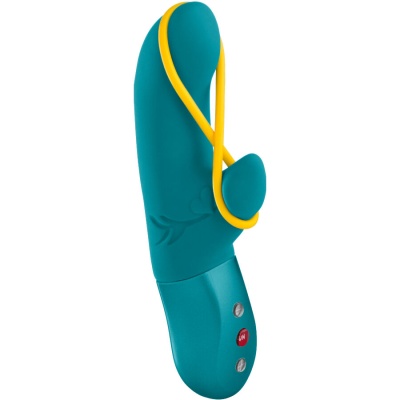 Vibrador azul-turquesa com detalhes amarelos e botão vermelho ON