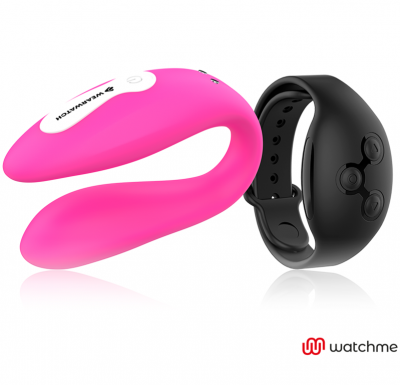 Dispositivo rosa em silicone com controlo remoto preto e o logótipo watchme.