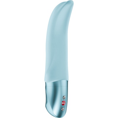 Vibrador azul claro com base metálica prateada e botão vermelho FUN