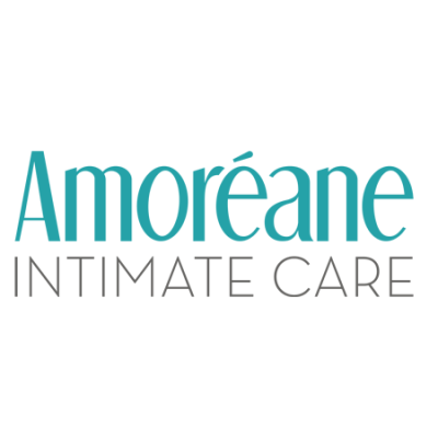 Logotipo da Amoréane INTIMATE CARE em letras turquesa e cinza