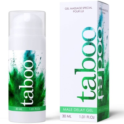 Frasco e caixa de gel de massagem tabu branco com verde