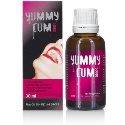 frasco e caixa do suplemento YUMMY CUM DROPS, 30 ml, cor rosa e preto