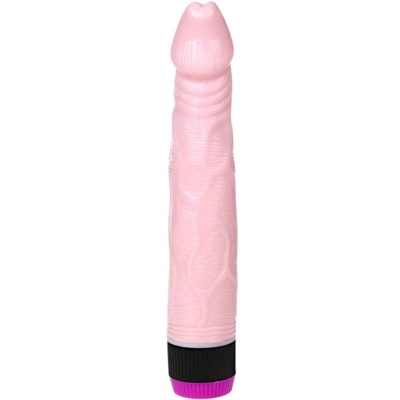 Vibrador rosa texturizado com base preta e botão roxo