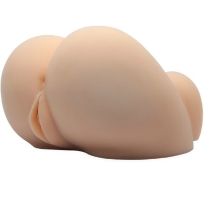 Objeto de silicone cor de pele com textura lisa e detalhes anatómicos em fundo branco