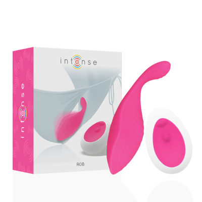 Produto sexual cor-de-rosa com controle remoto branco e embalagem 'intense'.