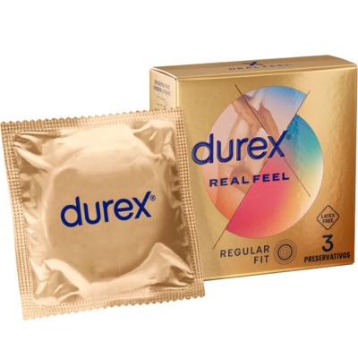 Embalagem dourada e pacote individual dourado de preservativos Durex Real Feel