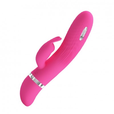 Vibrador rosa em silicone com textura ondulada e detalhes prateados