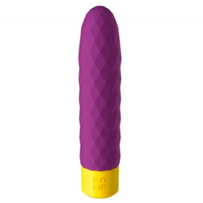 Vibrador púrpura com base amarela e textura em losangos