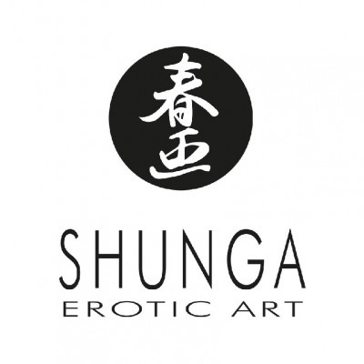 Logotipo SHUNGA EROTIC ART com caracteres chineses em círculo preto