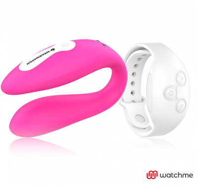 Dispositivo eletrônico rosa curvo com controle branco e texto WATCHME