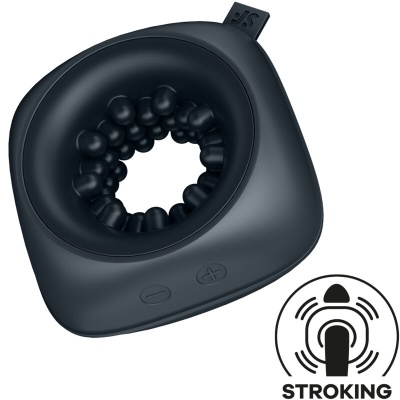 Dispositivo preto com abertura circular central e botões de controle, com ícone STROKING