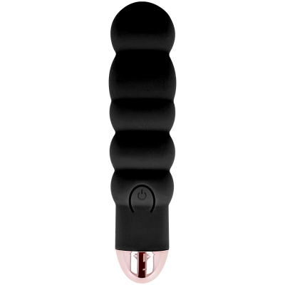 Vibrador sexual preto com textura em ondas e base rose gold