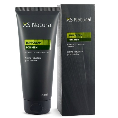 Creme redutor para homem XS Natural Slim Cream em embalagem preta e verde, frasco de 200ml ao lado da caixa