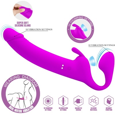Vibrador roxo em silicone com várias funções e diagramas explicativos