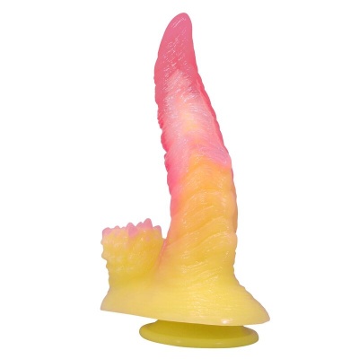 Produto de silicone amarelo e rosa com ventosa, textura rugosa e asas na base
