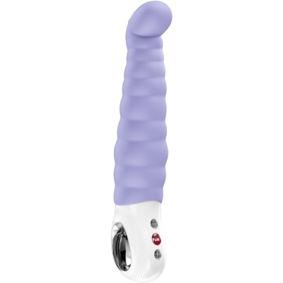 Vibrador lilás texturizado com base branca e botões