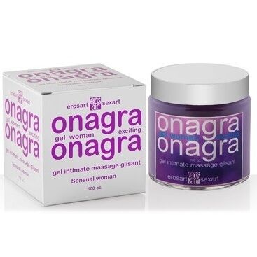 Gel íntimo massageador Onagra exciting em frasco roxo ao lado da caixa branca