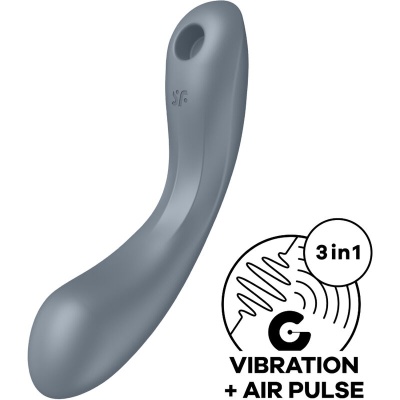 Vibrador azul-acinzentado curvo com símbolo Vibration + Air Pulse 3in1