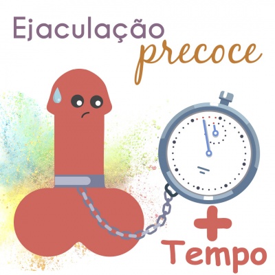 Ilustração de órgão genital masculino preso a cronómetro com texto sobre ejaculação precoce e tempo