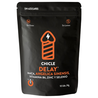 Embalagem preta de chicle delay com texto e logotipo laranja