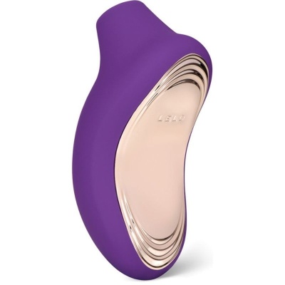 Objeto orgânico roxo com detalhe metálico dourado e texto LELO