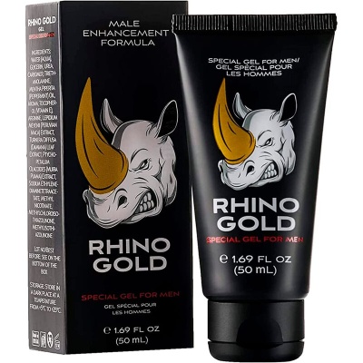 Embalagem e tubo de gel preto Rhino Gold para homens com rinoceronte branco e chifre dourado