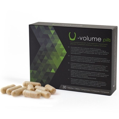 Caixa preta de volume pills com cápsulas claras à frente